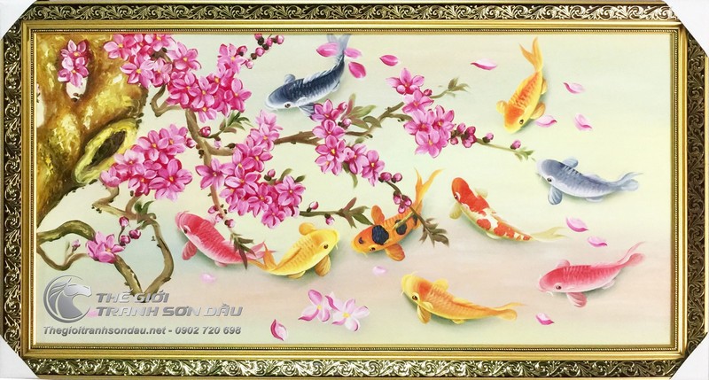 anh Sơn Dầu Phong Thủy Chín Con Cá Chép Và Hoa La.jpg
