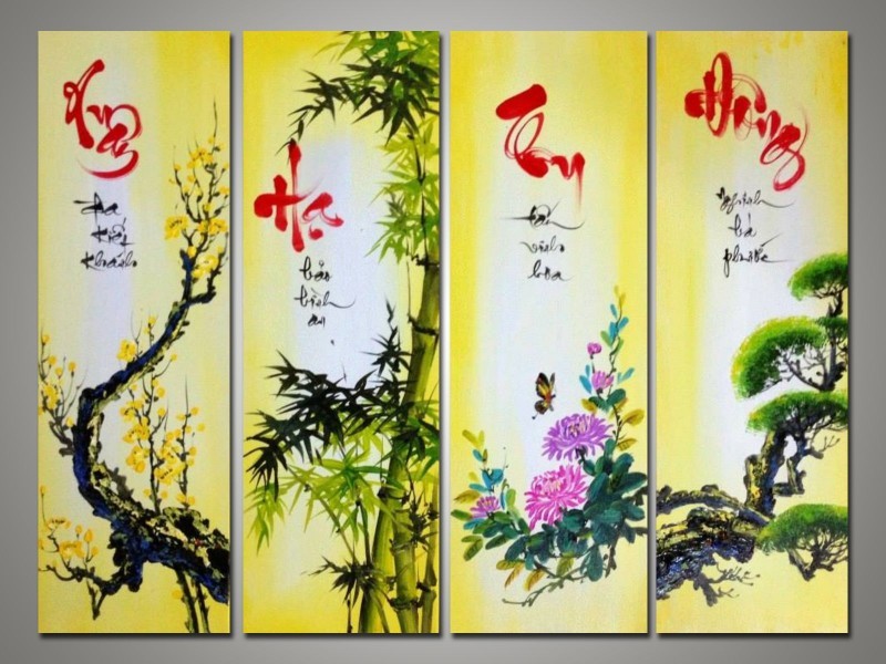 Bộ 4 bức tranh Mai Trúc Cúc Tùng xuân hạ thu đông sơn dầu.jpg