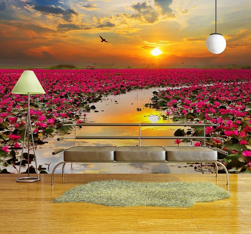 Tranh 3D đầm sen nở rực rỡ trong ánh hoàng hôn.jpg