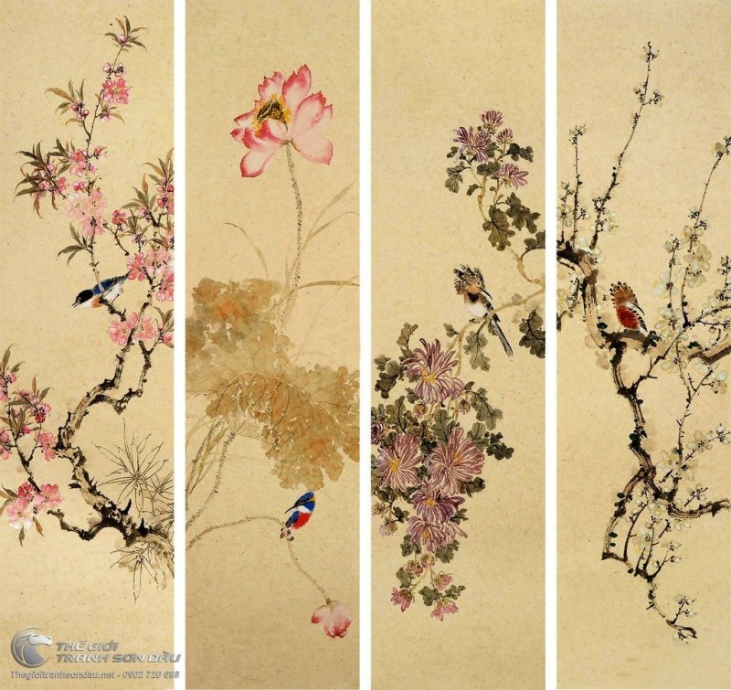 Tranh Bộ Tứ Quý Đào Sen Cúc Mai Và Chim.jpg