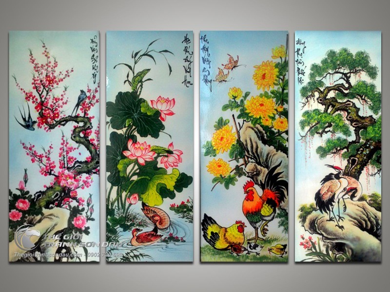 Tranh bộ tứ quý Đào Sen Cúc Tùng.jpg