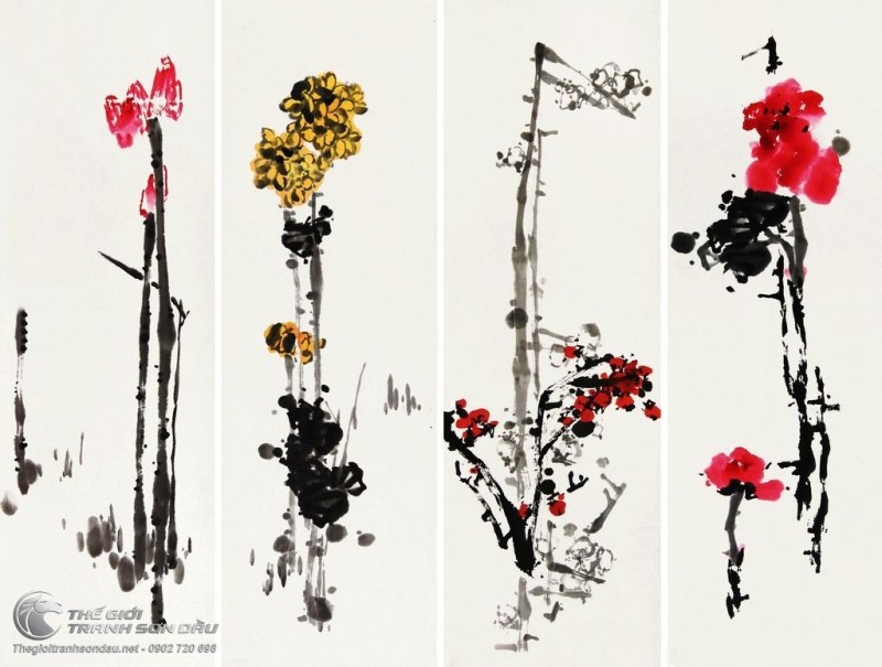 Tranh Bộ Tứ Quý Hoa Đào Hoa Cúc.jpg