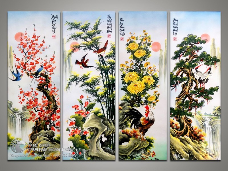 Tranh bộ xuân hạ thu đông Đào Cúc Trúc Tùng.jpg