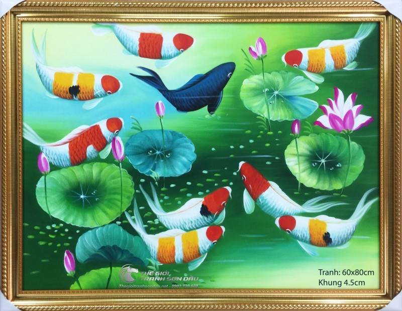 Tranh Cá Chép Bơi Trong Ao Sen Khung Vàng.jpg