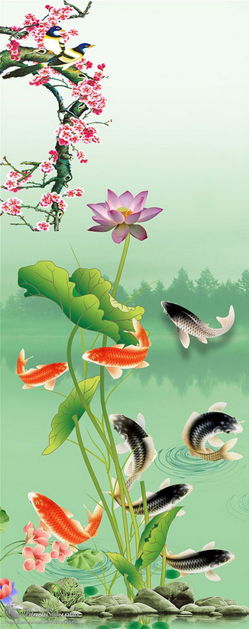 Tranh Cá Chép Đen Cá Chép Vàng Hoa Đào.jpg