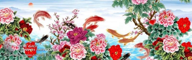 Tranh Cá Chép Hoa Đào Và Hoa Mẫu Đơn.jpg
