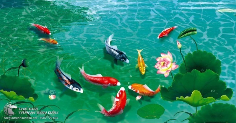 Tranh Cá Chép Hoa Sen Đài Sen Xanh.jpg