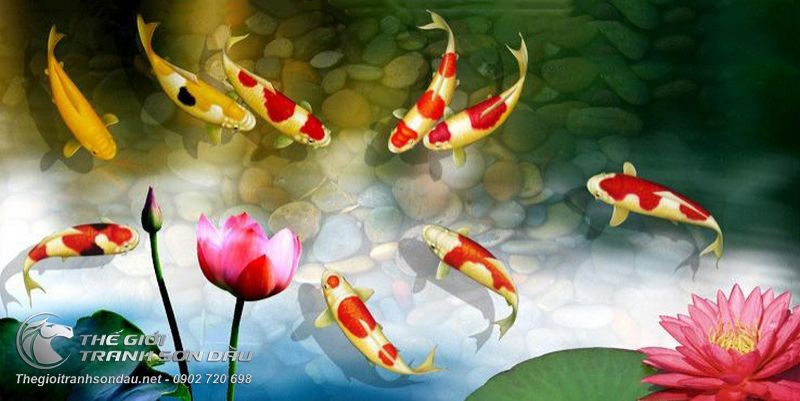 Tranh Cá Chép Hoa Sen Hồng Khổ Ngang.jpg