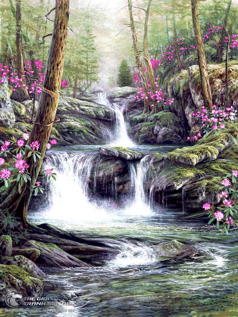 Tranh Con Suối Giữa Rừng và Hoa Dại Đẹp.jpg