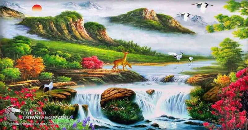 Tranh Hươu Vàng Ngơ Ngác Bên Thác Ghềnh Đẹp.jpg