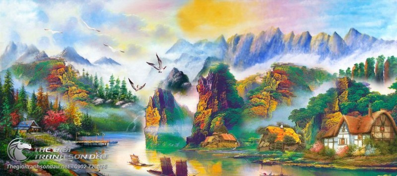 Tranh Núi Cao Sông Xanh Thuyền Buồm.jpg