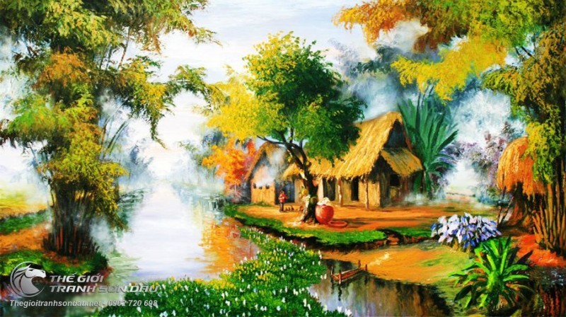 Tranh Phong Cảnh Làng Quê Bình Yên Buổi Sớm Mai.jpg