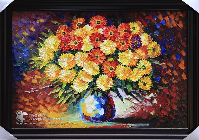 Tranh Sơn Dầu Bình Hoa Cúc Vàng Và Đỏ Vẽ Bay Nghệ Thuật.jpg