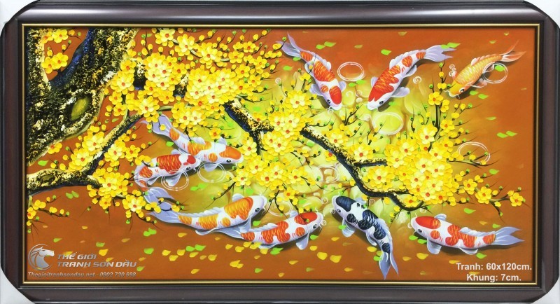 Tranh Sơn Dầu Cá Chép Hoa Mai Nền Màu Cam.jpg