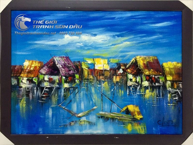 Tranh Sơn Dầu Phong Cảnh Sông Nước Việt Nam Tông Màu Xanh.jpg