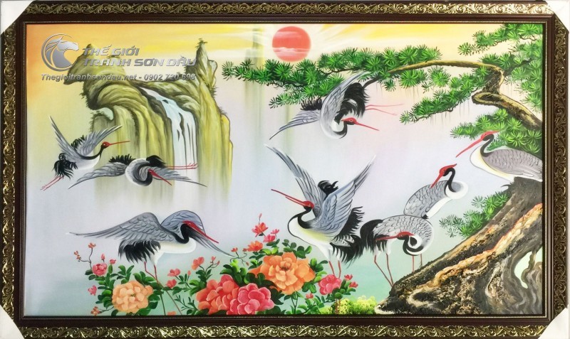 Tranh Sơn Dầu Phong Thủy Cây Tùng và Tám Con Hạc.jpg