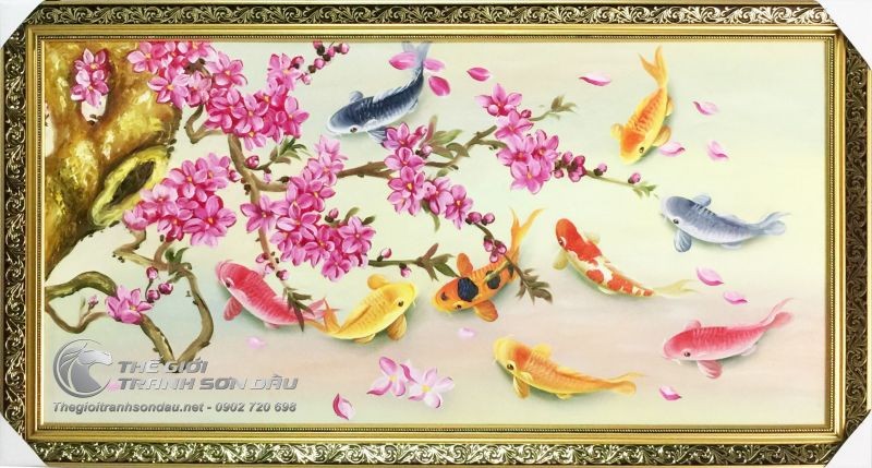 Tranh Sơn Dầu Phong Thủy Chín Con Cá Chép Và Hoa Lan.jpg