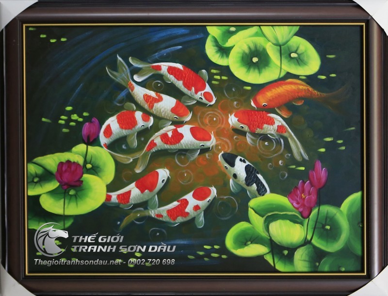 Tranh Sơn Dầu Phong Thủy Cửu Ngư Quần Hội Khung Nâu.jpg