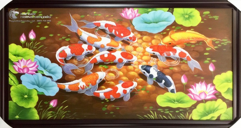 Tranh Sơn Dầu Phong Thủy Cửu Ngư Quần Hội Tông Nóng.jpg