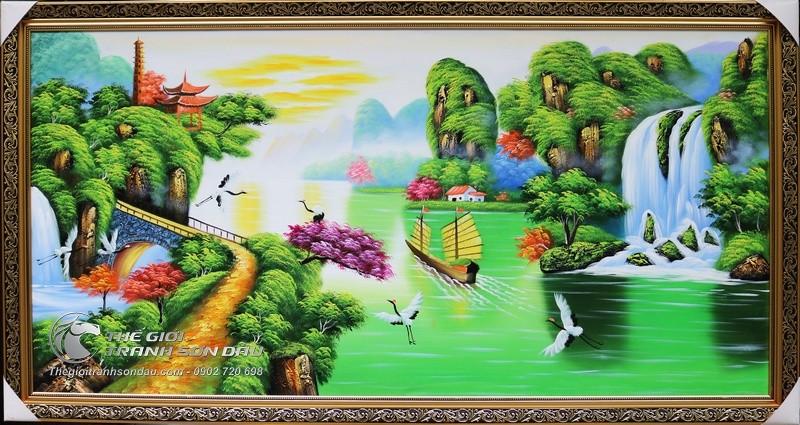 Tranh Sơn Dầu Sơn Thủy Hữu Tình Cây Tùng và Thuyền Buồ.jpg