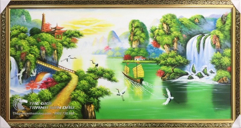 Tranh Sơn Dầu Sơn Thủy Hữu Tình Cây Tùng và Thuyền Buồm.jpg