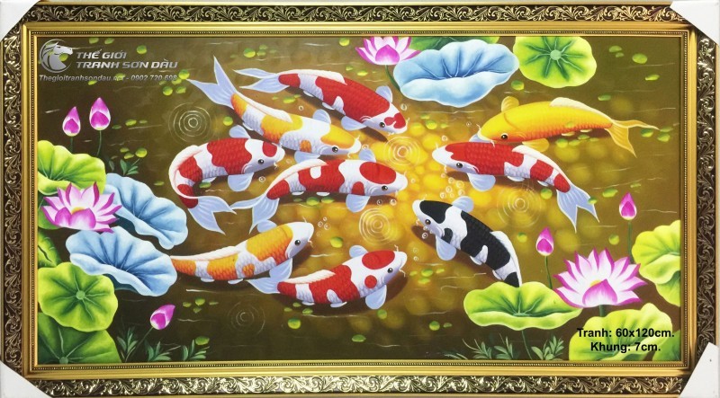 Tranh Sơn Dầu Vẽ Cá Chép Phong Thủy Chín Con.jpg