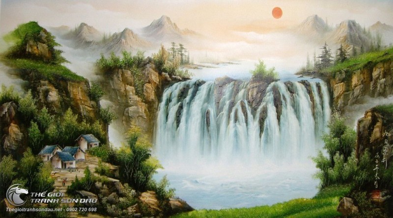 Tranh Sơn Thủy Căn Nhà Nhỏ Bên Cạnh Thác Nước Thơ Mộng.jpg