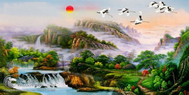 Tranh Sơn Thủy Cảnh Đẹp Núi Non Mây Trời Và Chim Bay.jpg