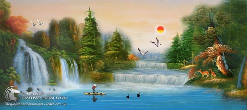 Tranh Sơn Thủy Cảnh Đẹp Thác Nước Và Đôi Nai Nhỏ Ven Bờ.jpg
