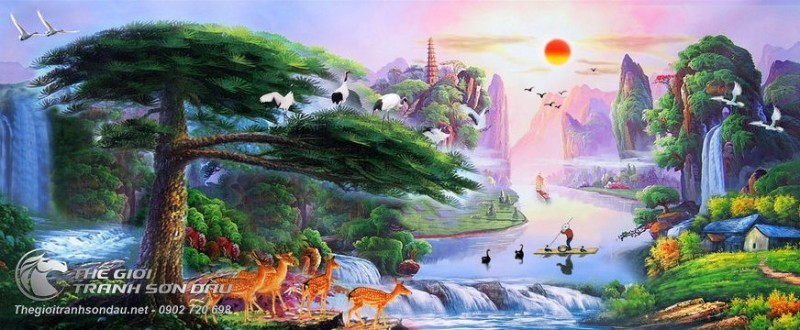 Tranh Sơn Thủy Cảnh Người Vượt Thác Cây Tùng Và Chim Muông.jpg