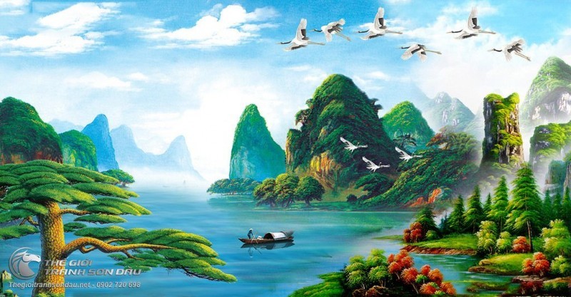 Tranh Sơn Thủy Cây Tùng Người Lái Đò Bên Hồ.jpg