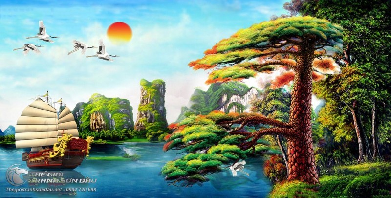 Tranh Sơn Thủy Cây Tùng Người Lái Đò Và Chim Muông.jpg