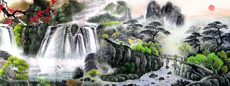 Tranh Sơn Thủy Đồi Núi Thác Nước Và Cành Đào Thắm.jpg