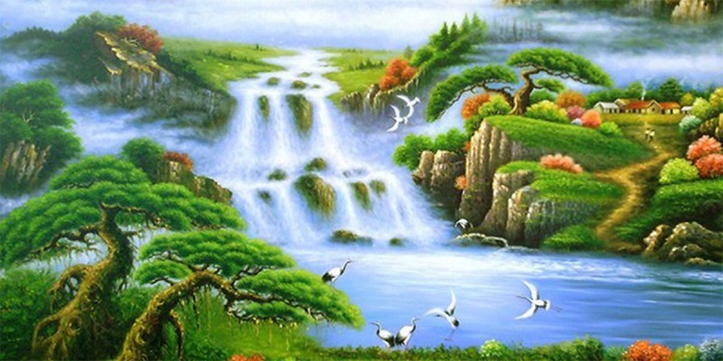 Tranh Sơn Thủy Hữu Tình Tùng Hạc và Thác Nước.jpg