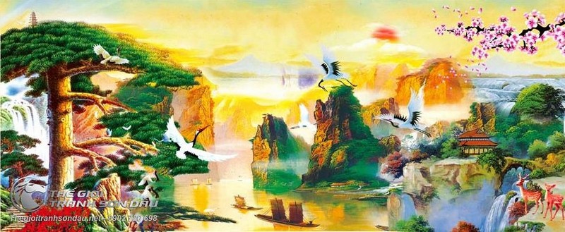 Tranh Sơn Thủy Mây Núi Cây Tùng Cùng Cánh Buồm Nhỏ.jpg