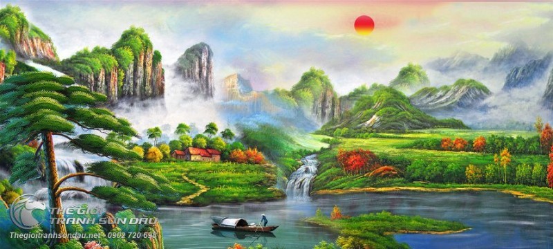 Tranh Sơn Thủy Mây Núi Cây Tùng Và Người Lái Đò.jpg