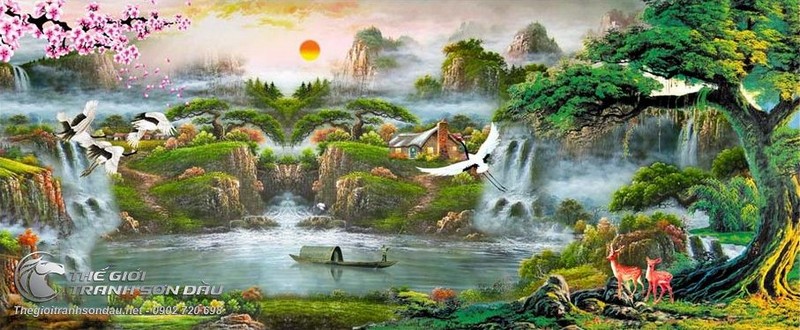 Tranh Sơn Thủy Phong Cảnh Mây Núi Thơ Mộng Và Cành Đào Hồng Thắm.jpg