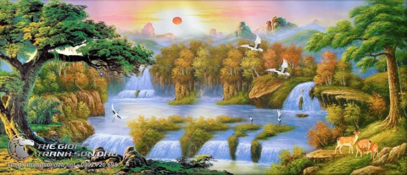 Tranh Sơn Thủy Thác Nước Cây Cối Và Chim Muông.jpg