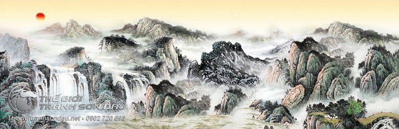 Tranh Thủy Mạc Núi Thác Trong Hoàng Hôn.jpg