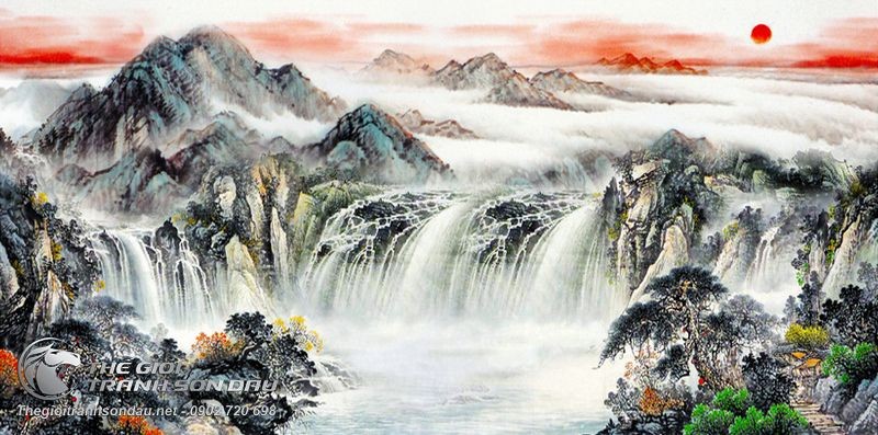 Tranh Thủy Mạc Thác Lớn Hùng Vĩ Hoang Hôn.jpg