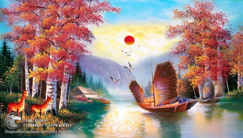 Tranh Thuyền Buồm Hươu Và Mặt Trời Đỏ.jpg