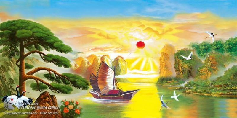 Tranh Thuyền Buồm Và Chim Hạc Bên Cây Tùng.jpg