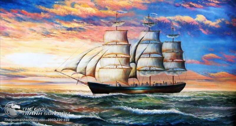 Tranh Thuyền Buồm Và Hoàng Hôn Trên Bãi Biển.jpg