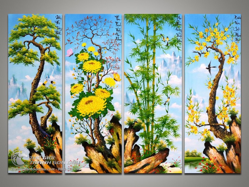 Tranh tứ bình Tùng Cúc Trúc Mai vẽ sơn dầu.jpg