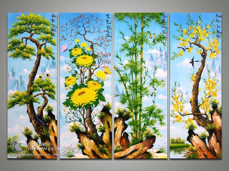 Tranh tứ bình tùng cúc trúc mai vẽ sơn dầu.jpg