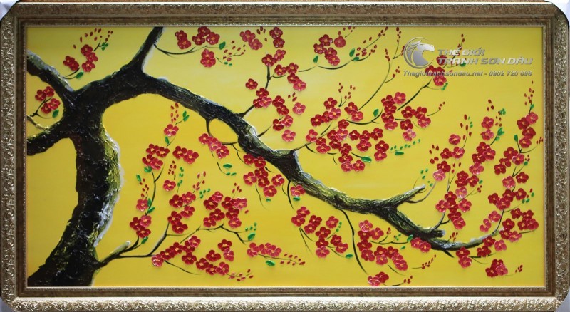 Tranh Vẽ Bay Dày Màu Hoa Đào Đỏ Nền Vàng.jpg