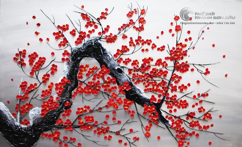 Tranh Vẽ Bay Dày Màu Hoa Đào Đỏ Nền Xám.jpg