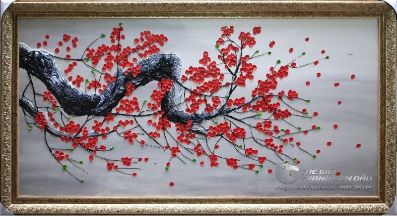 Tranh Vẽ Bay Dày Màu Hoa Đào Đỏ Nền Xám Nghệ Thuật.jpg