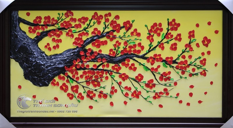 Tranh Vẽ Bay Dày Màu Hoa Đào Nền Vàng.jpg