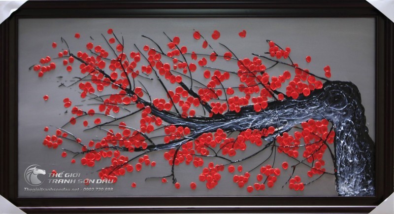 Tranh Vẽ Bay Dày Màu Hoa Đào Nền Xám.jpg